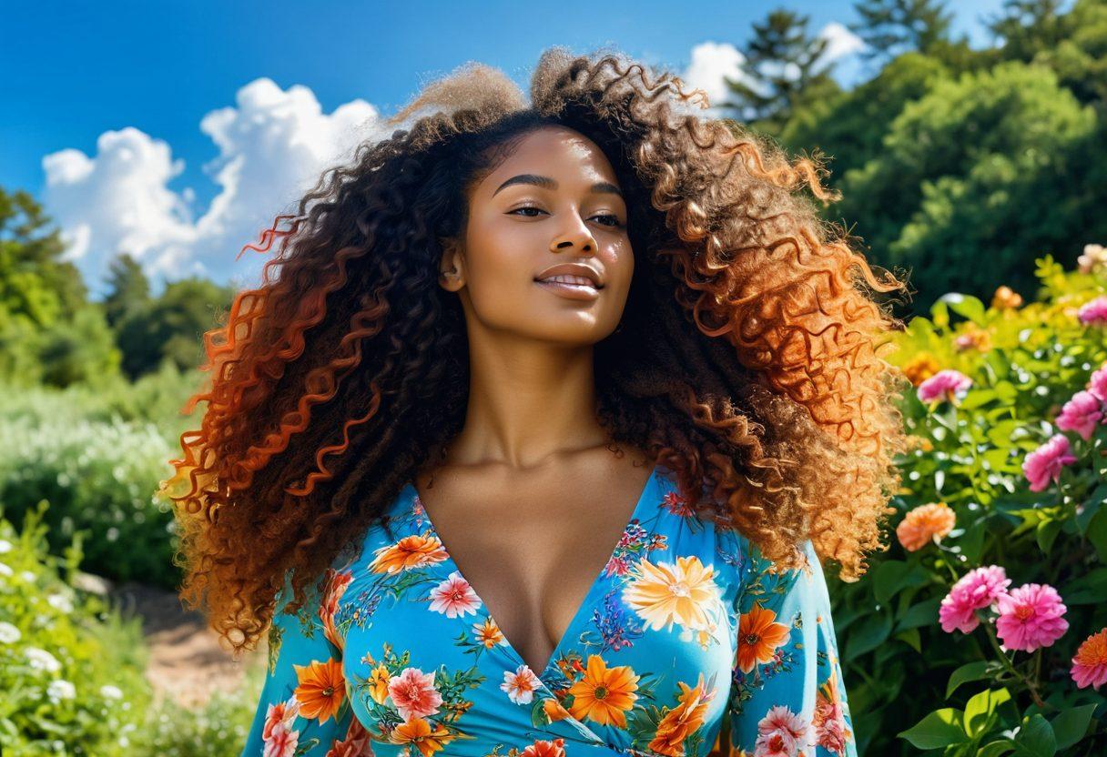 A graceful figure celebrating their curves in a lush, vibrant natural landscape, surrounded by blooming flowers and greenery. Their hair flows naturally in beautiful curls, catching the sunlight. The scene evokes feelings of confidence and joy, embodying body positivity with bright, uplifting colors. The background features a serene sky, enhancing the overall sense of peace and empowerment. super-realistic. vibrant colors. nature-inspired.