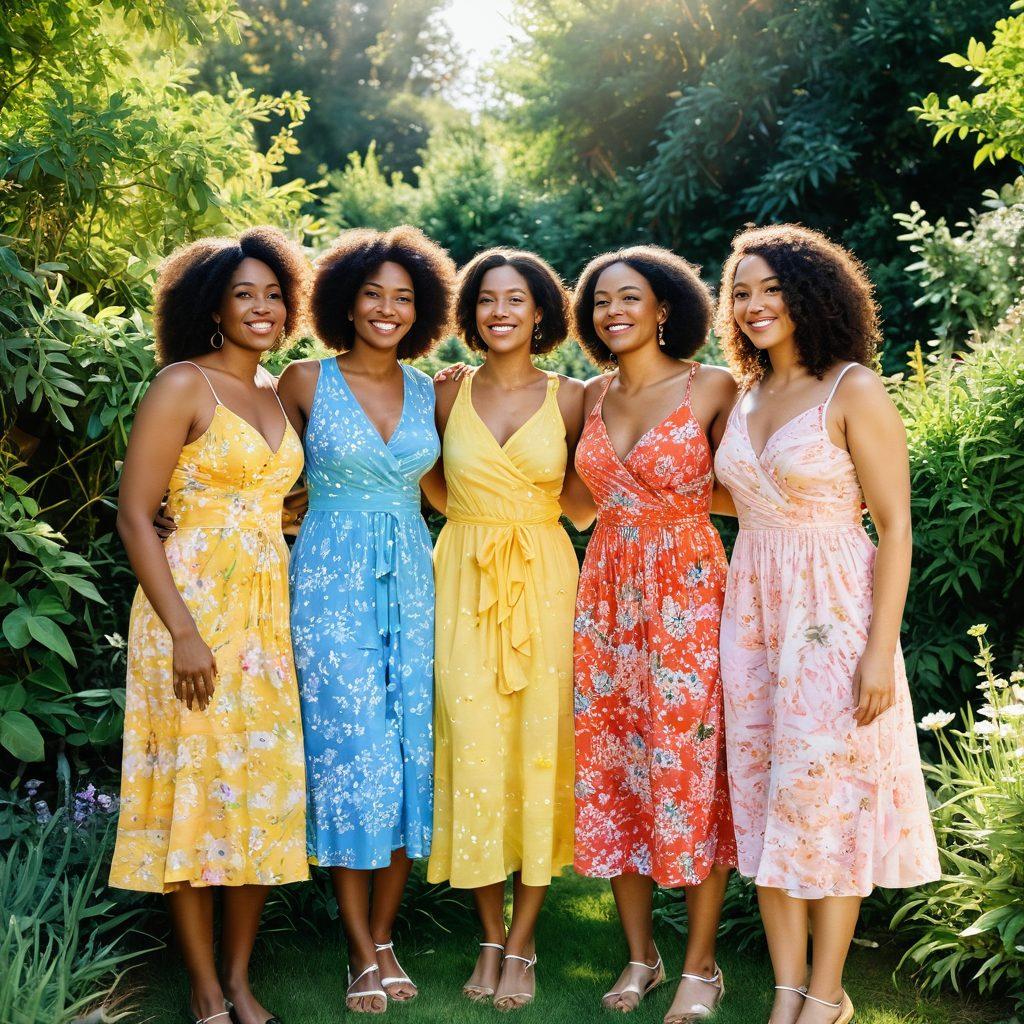 A diverse group of women of various body types, ethnicities and ages, joyfully embracing one another in a lush, sunlit garden. They are adorned in stylish, vibrant summer dresses that celebrate their unique beauty, surrounded by blooming flowers symbolizing growth and acceptance. The scene exudes warmth and positivity, with soft rays of sunlight filtering through the leaves, creating a magical atmosphere. watercolor painting. vibrant colors. natural setting.