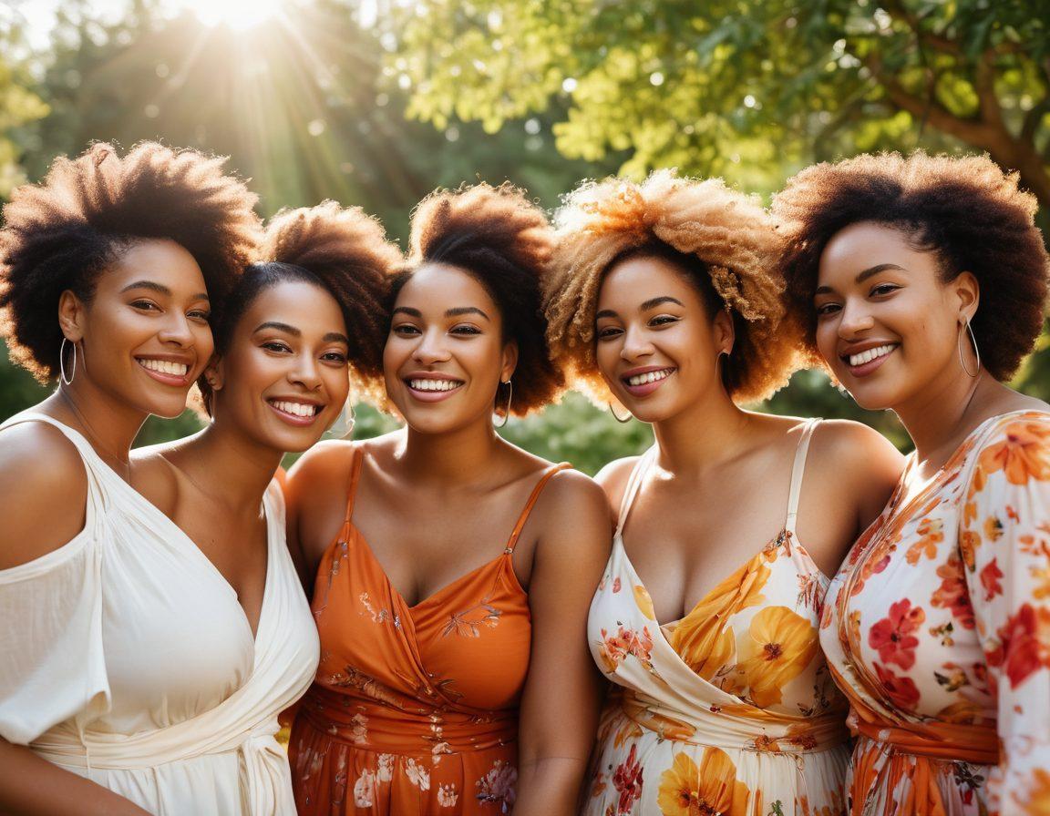 A close-up of a diverse group of women embracing their unique hairstyles and curves, each showcasing a radiant smile in a vibrant outdoor setting filled with blooming flowers. The warmth of sunlight highlights their natural beauty, creating an uplifting atmosphere. Soft, flowing fabric drapes around them, symbolizing freedom and self-acceptance. Bright colors, portrait style, natural lighting.